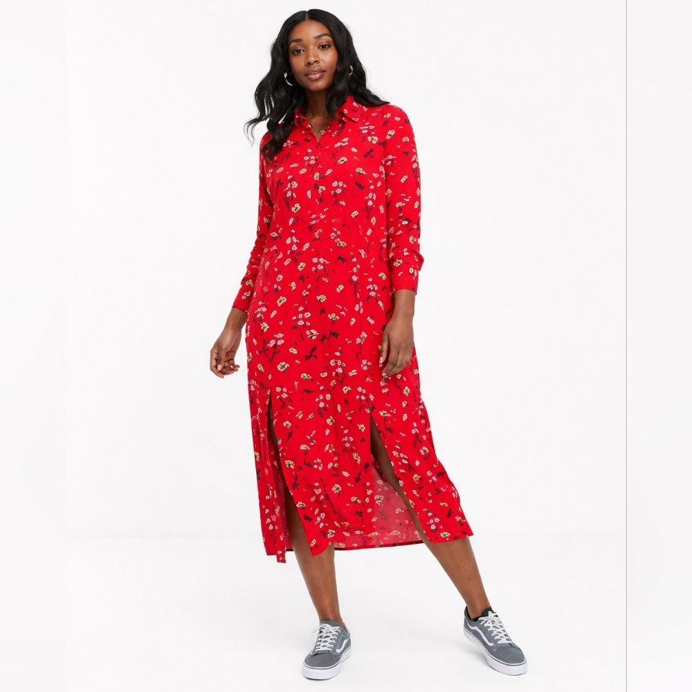 ASOS Wednesday's Girl Curve long sleeve shirt dress Red floral print Size 14